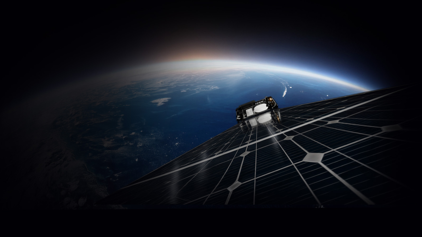 Rendering of a DeepSky satellite solar array above Earth