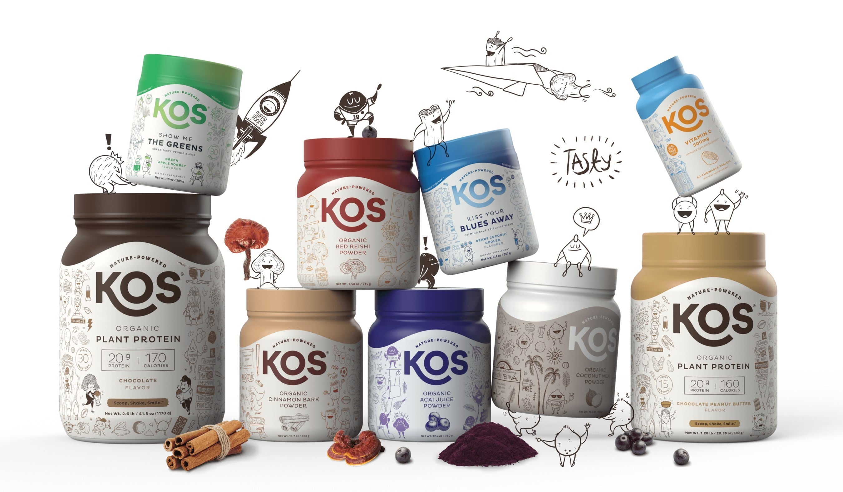 An early KOS product range with colourful jars and illustrated characters