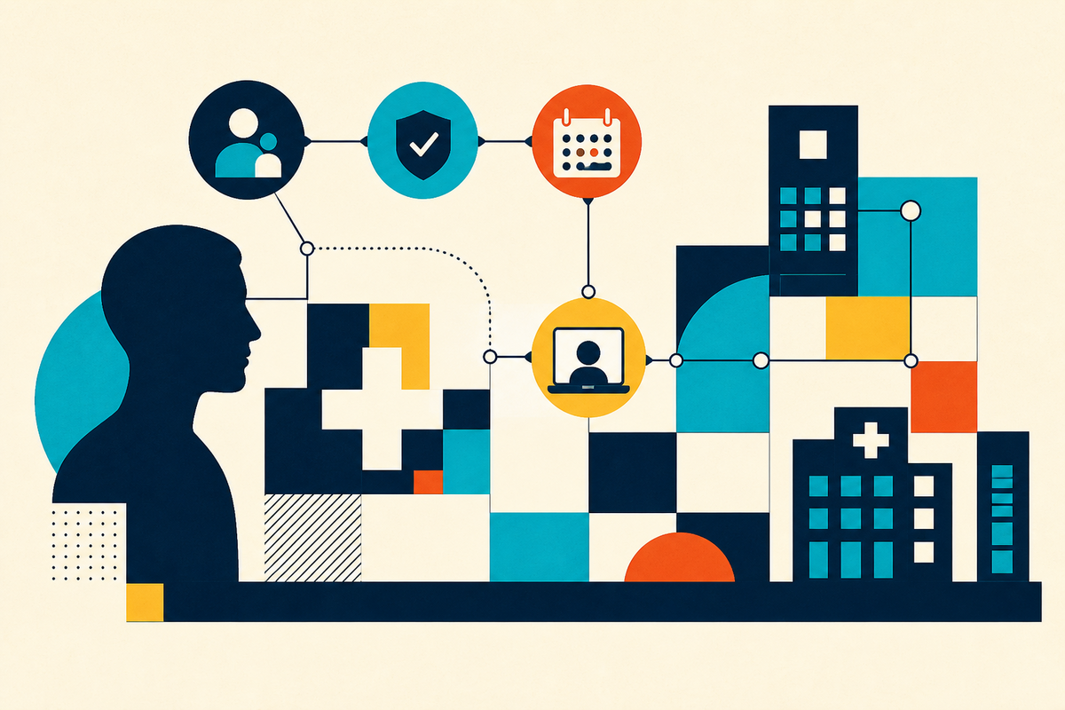 Abstract Swiss-style illustration connecting a patient, verified care, appointment booking, teleconsultation and hospital systems
