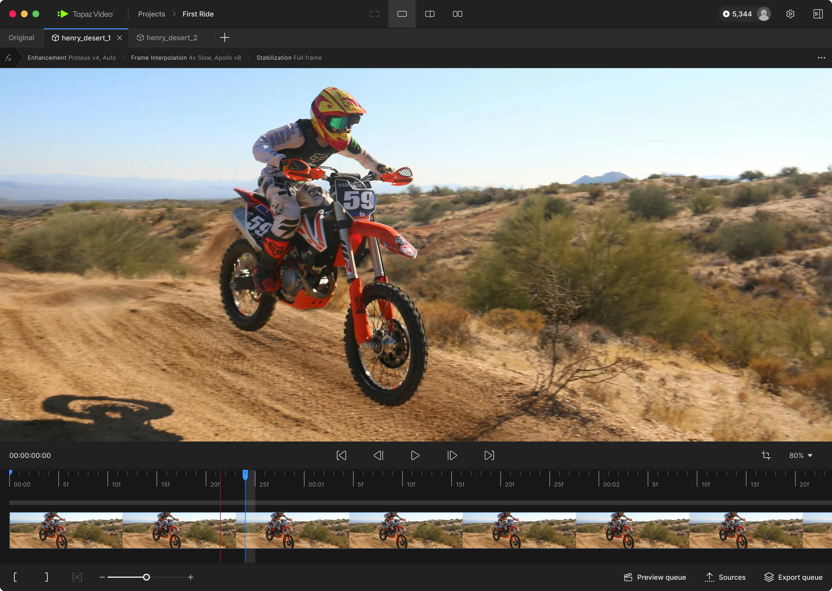Topaz Video application interface with footage preview and video enhancement settings