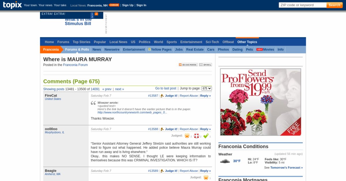 Archive screenshot of a Topix town forum, with local navigation, comments, weather and advertising