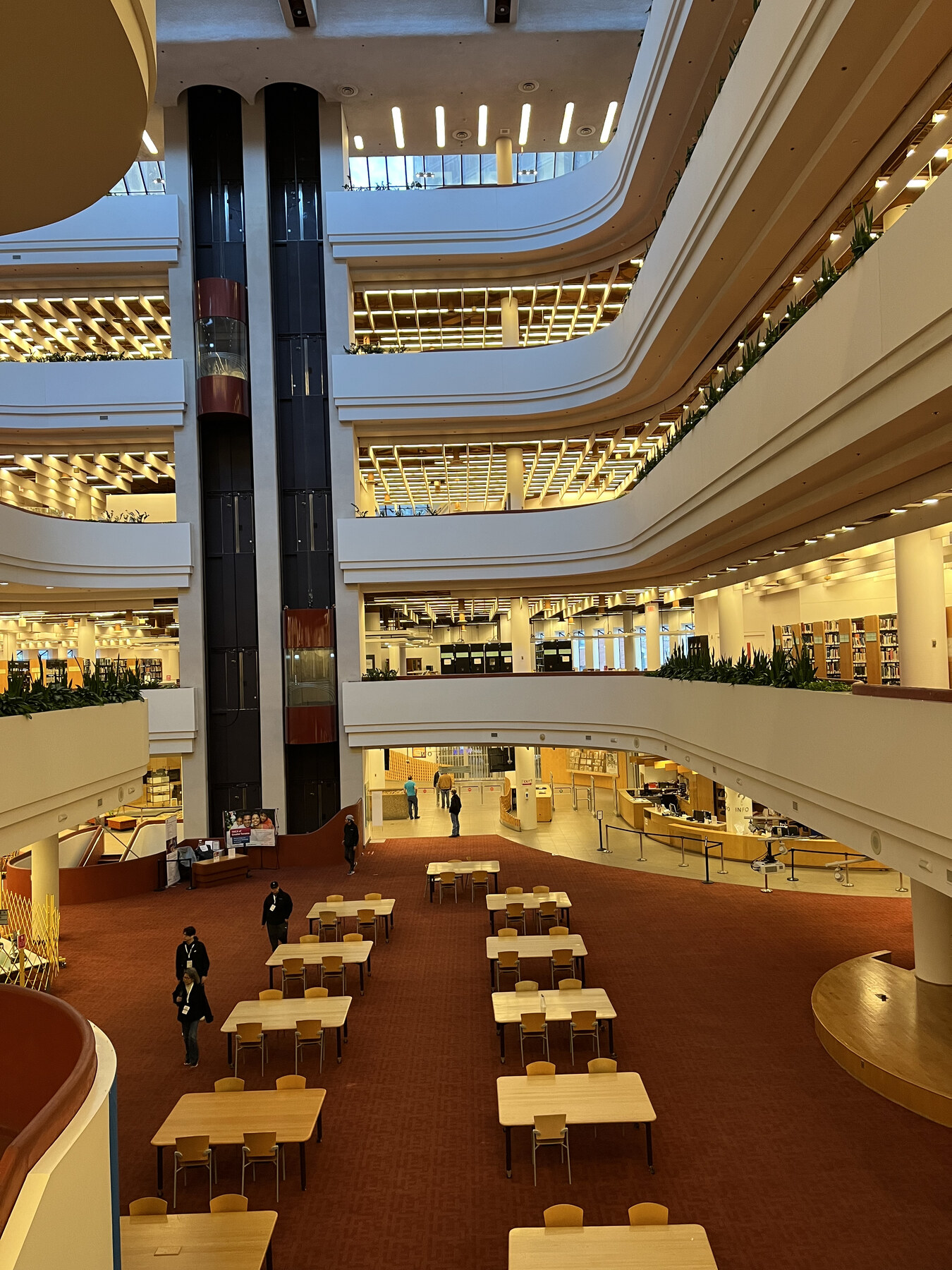 The curved balconies and open atrium inside Toronto Reference Library