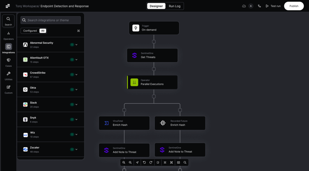 Torq workflow designer showing an endpoint detection and response automation