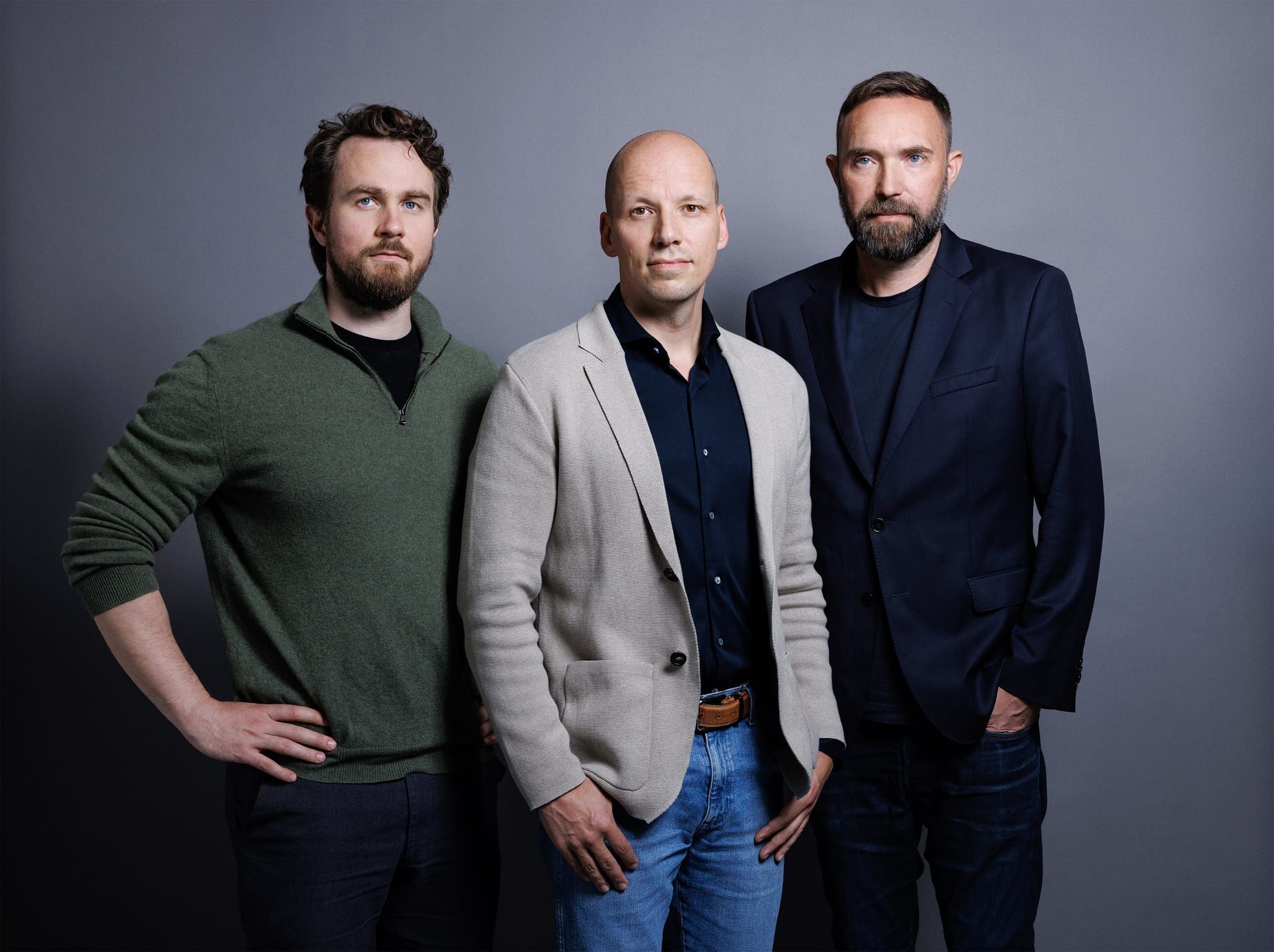The three Helsing co-founders, Torsten Reil, Gundbert Scherf and Niklas Köhler, standing together