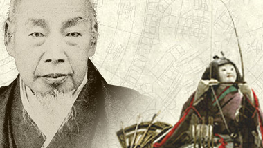 Illustrated portrait of Toshiba predecessor founder Hisashige Tanaka with a mechanical doll