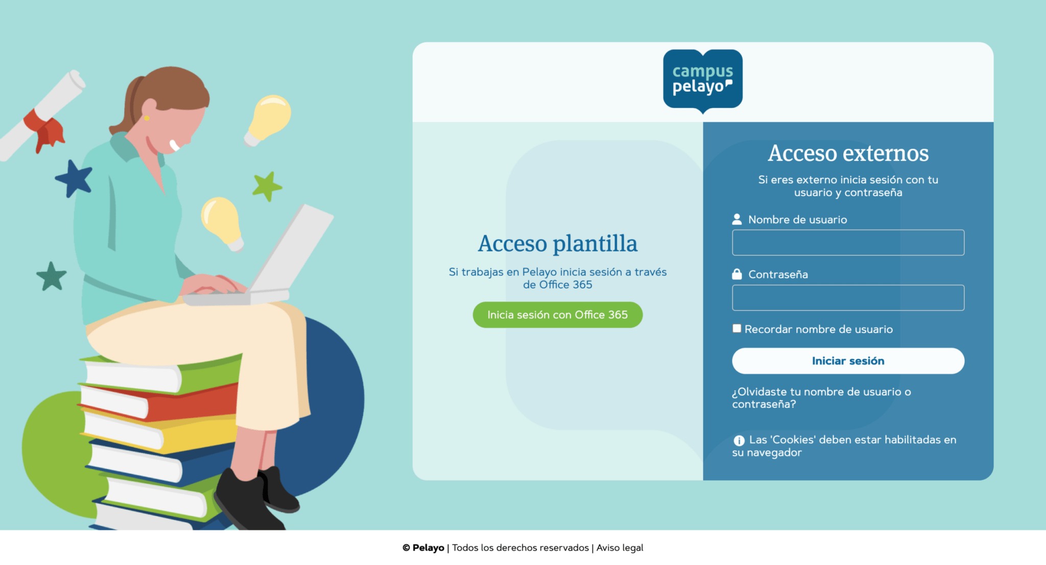 Campus Pelayo's customized Totara login screen, with separate access for staff and external users