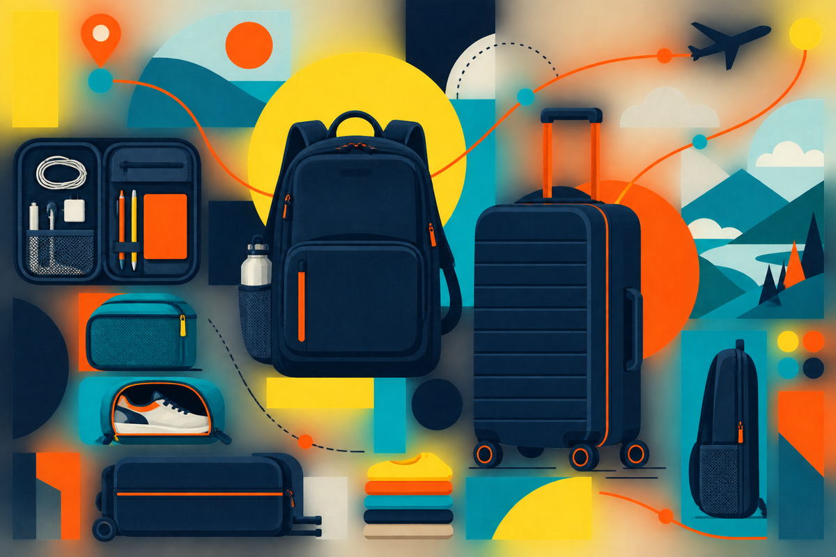 Abstract Swiss-style illustration of backpacks, luggage, compartments and travel routes