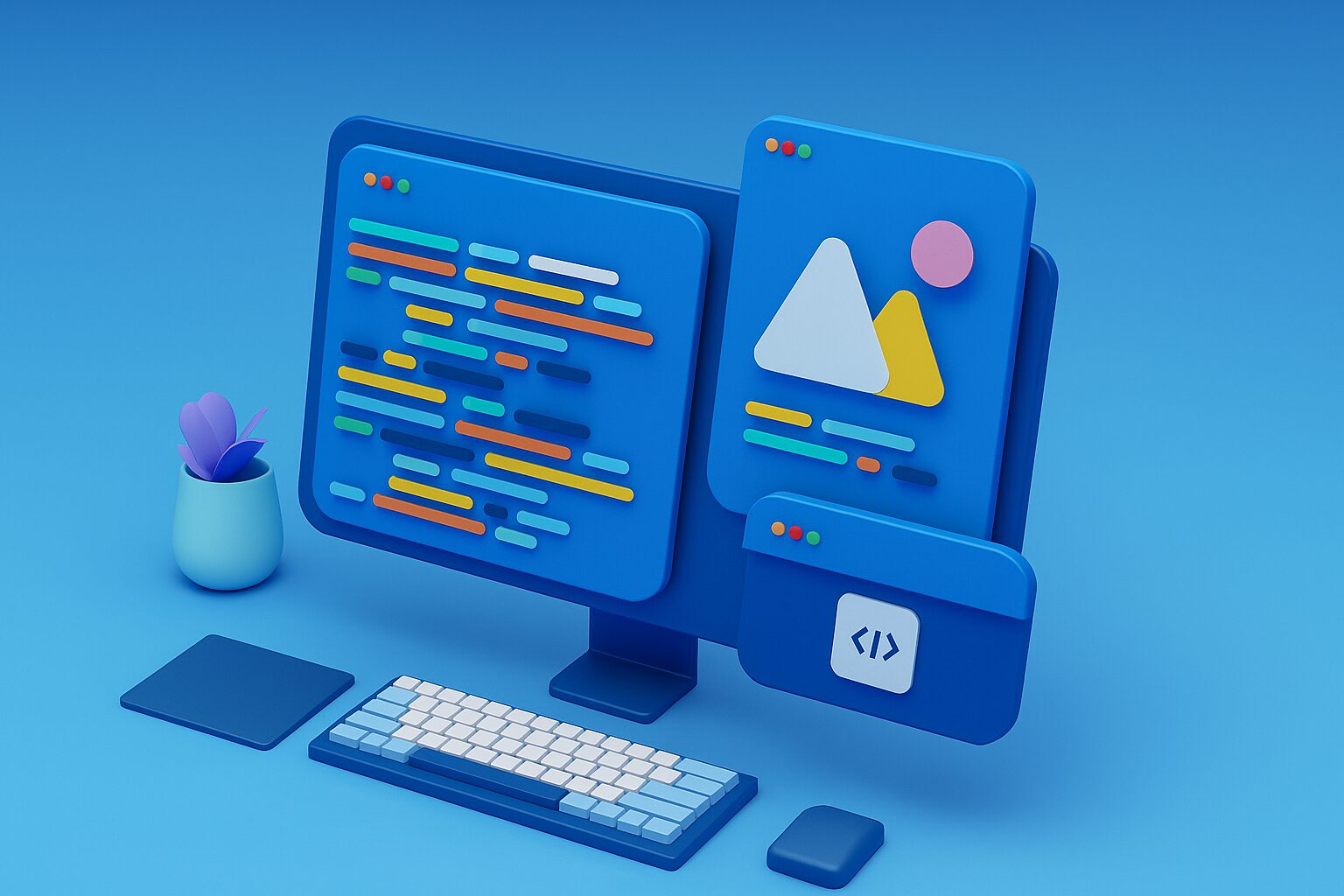 Blue three-dimensional illustration of a monitor with floating code and design windows