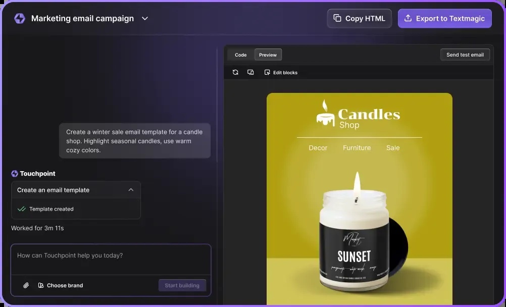 Touchpoint product illustration showing a chat prompt beside a branded candle-shop marketing email