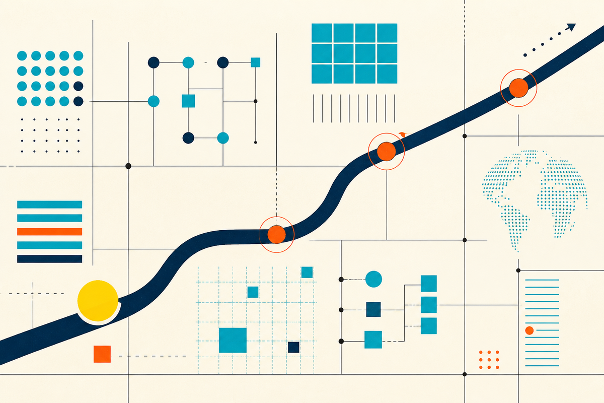 Abstract Swiss-style grid showing a yellow circle moving along a navy route through data systems