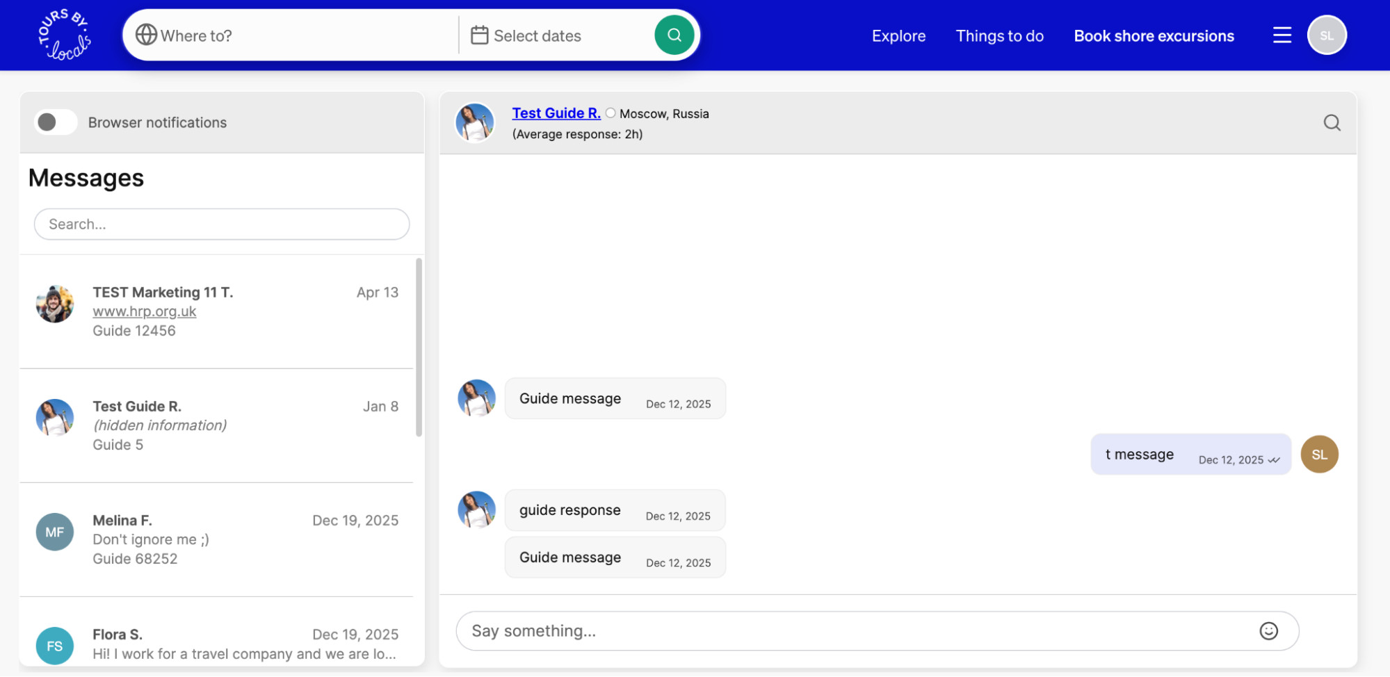 ToursByLocals messaging interface with conversations and booking details