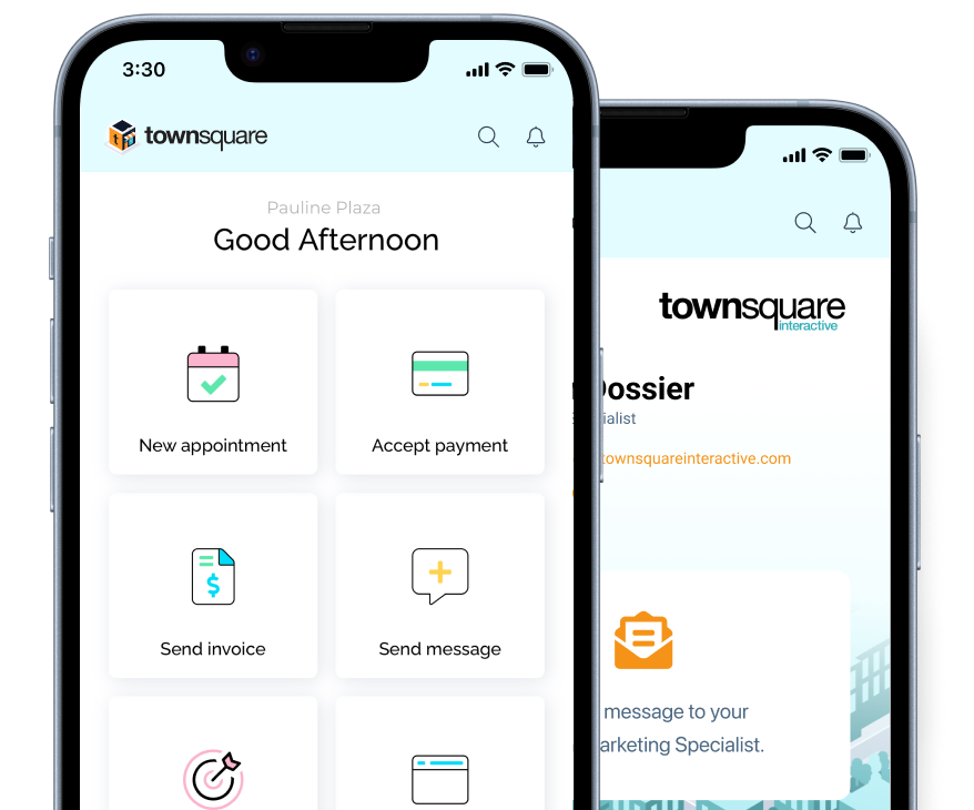 Townsquare’s official illustration of its Business Management Platform on mobile screens