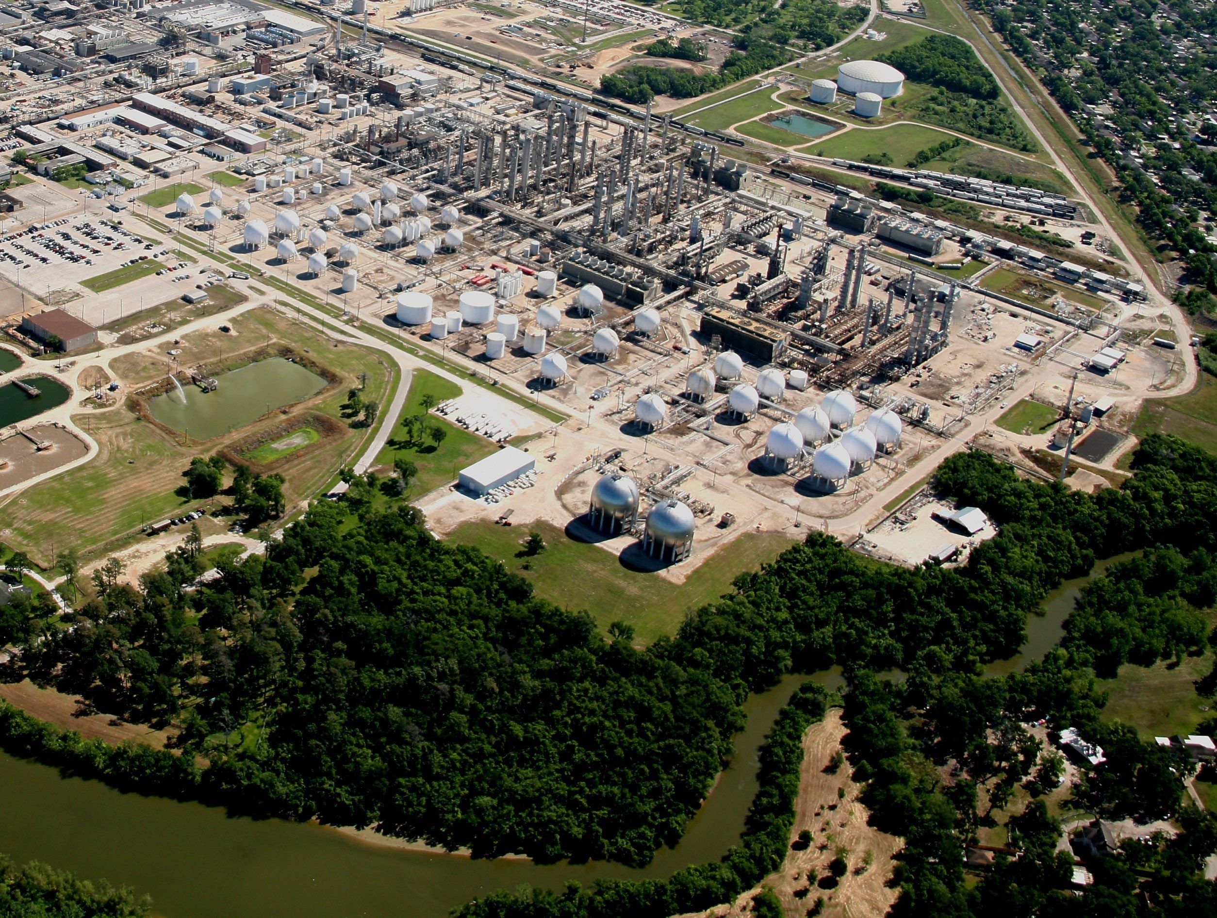 Aerial view of TPC Group’s Houston processing facility, showing tanks, towers and rail infrastructure