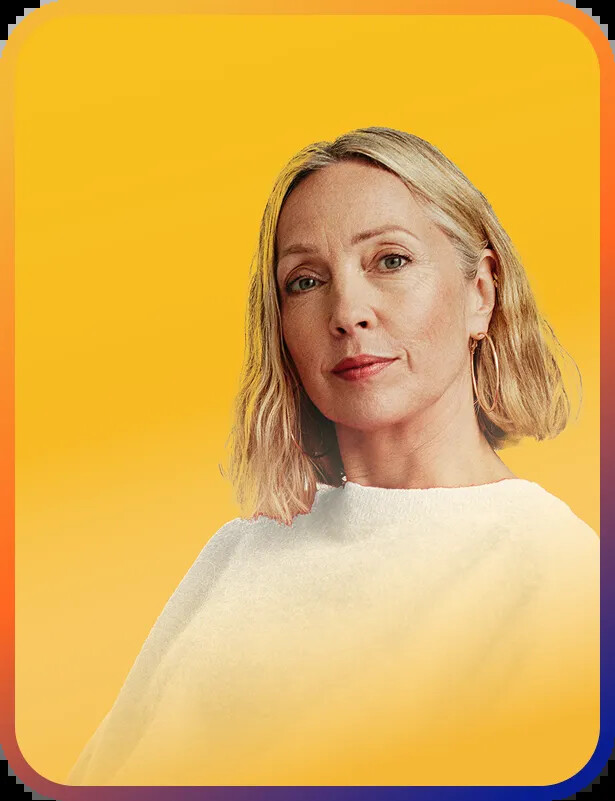 A TPx campaign portrait set against the company's bright yellow brand color