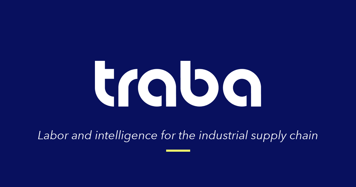 Traba wordmark logo on a navy background with the tagline: Labor and intelligence for the industrial supply chain