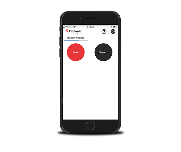 Track Group Empower victim-safety app shown beside a smartphone and location marker
