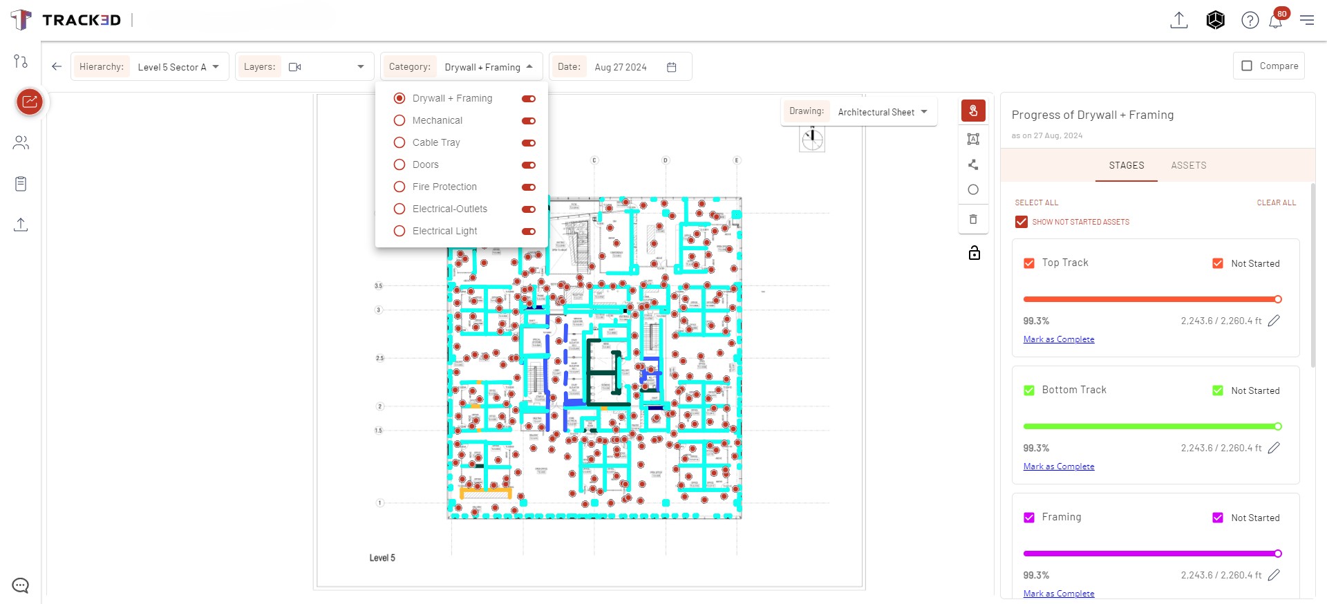 Track3D interface showing a floor plan with marked construction assets and progress details