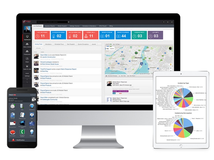 Historical TrackTik product image showing a desktop dashboard, mobile app and tablet reporting view