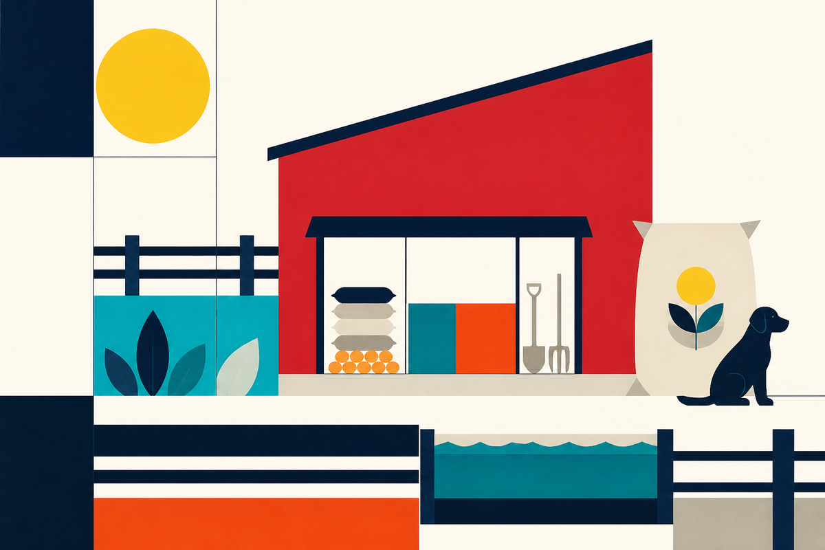 Abstract Swiss-style composition of a rural store, feed bags, garden leaves, tools, water and a dog