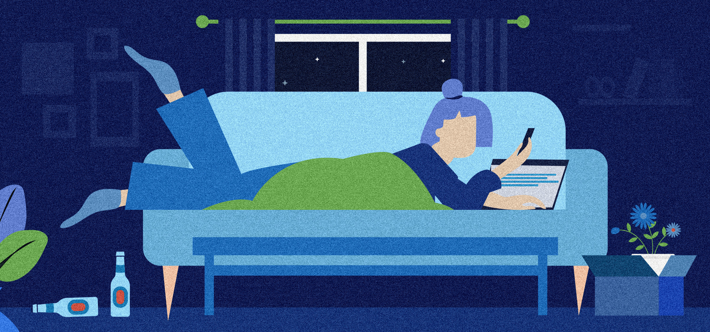 Editorial illustration of a person working on a laptop from a sofa at night