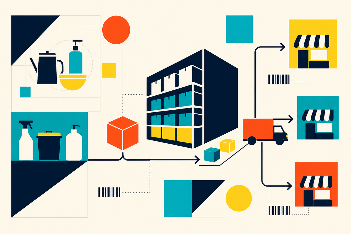Abstract Swiss-style illustration showing consumer goods moving through a warehouse to three retailers