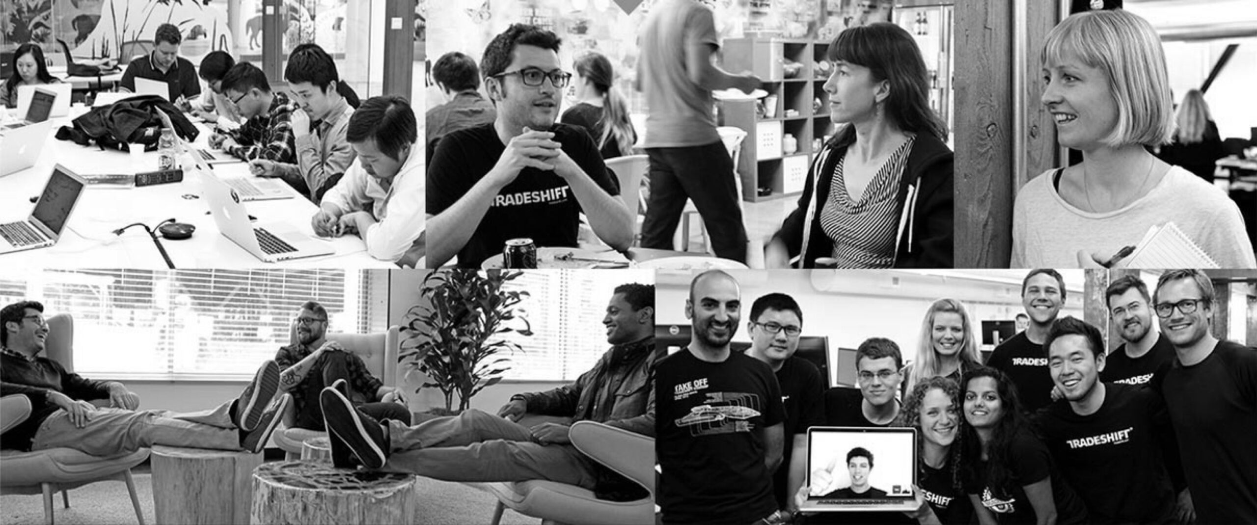 Archival black-and-white collage of Tradeshift employees working, talking and posing together