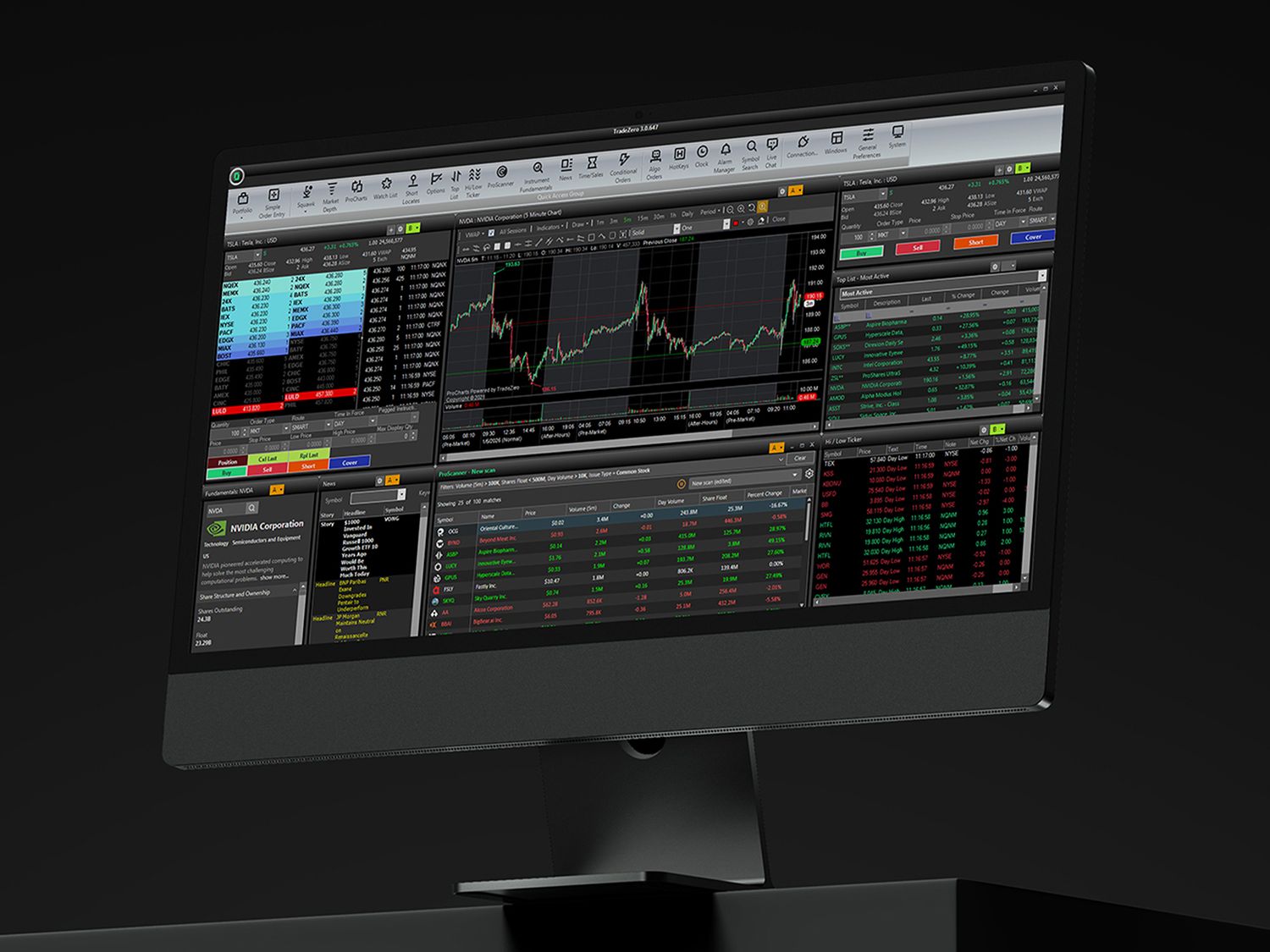 TradeZero ZeroPro trading platform shown on a desktop monitor