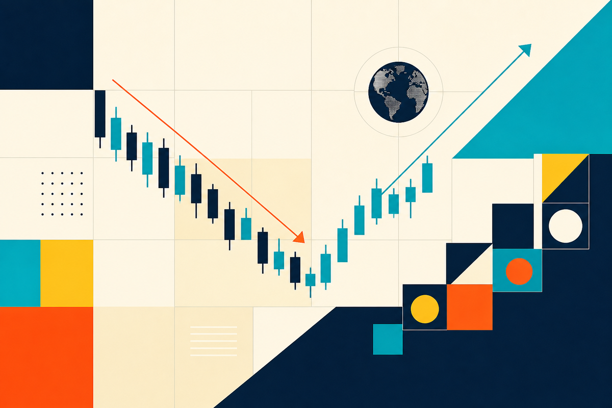 Abstract Swiss-style composition of market bars, risk lines and structured learning blocks