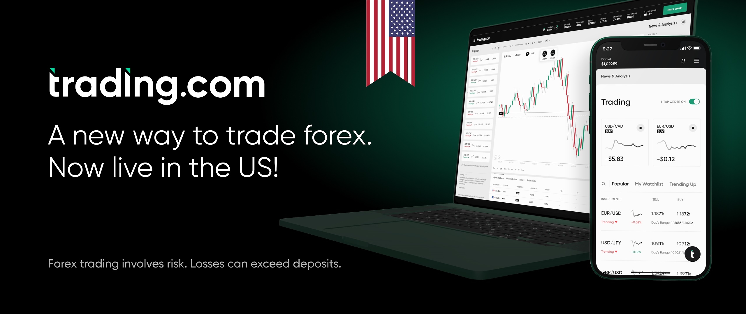 Trading.com’s 2022 U.S. launch artwork showing a desktop trading platform and mobile app