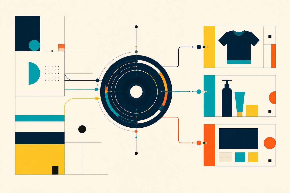 Abstract Swiss-style diagram of a central commerce engine feeding apparel, beauty and digital brand modules