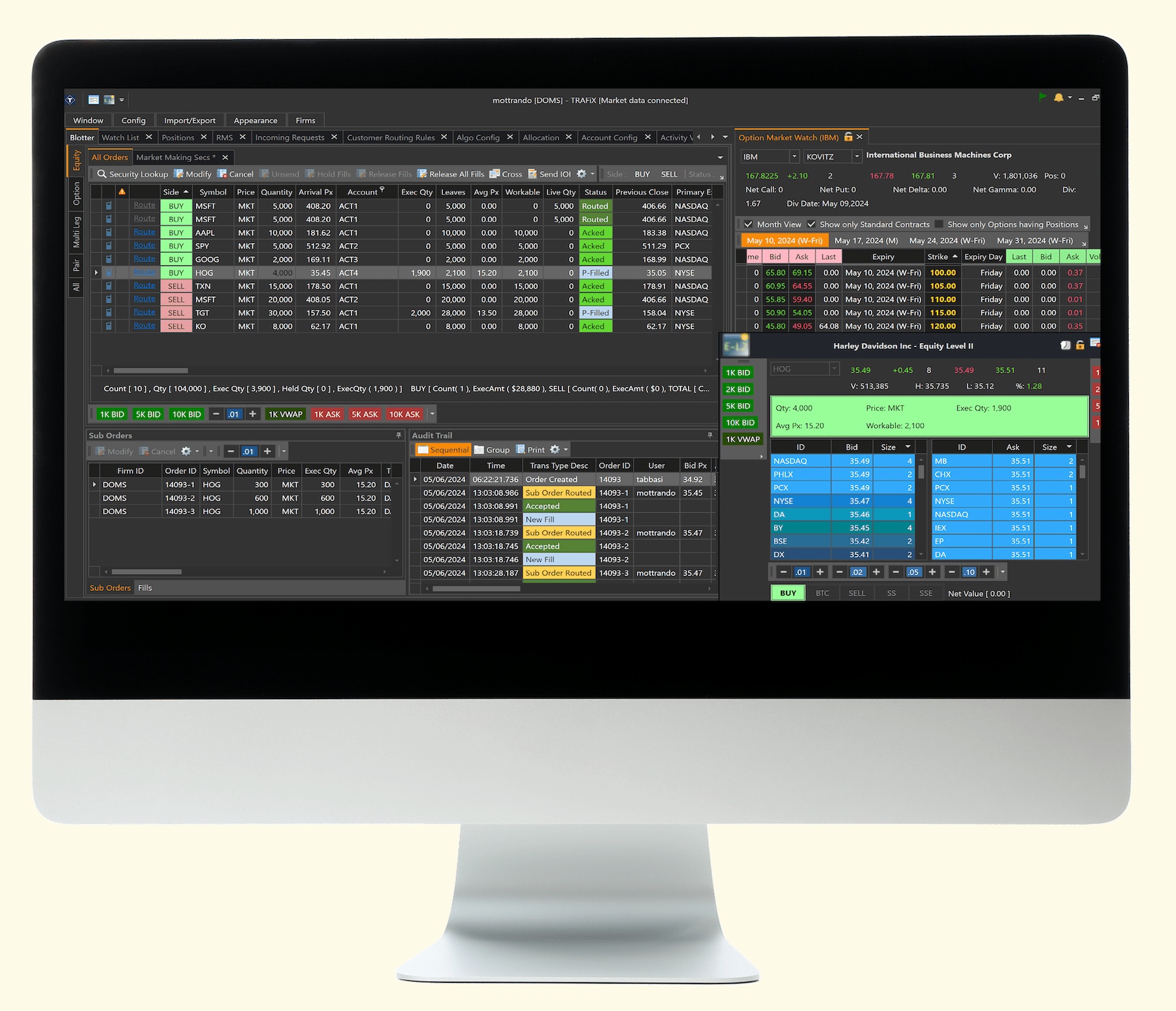 TRAFiX official OMS product mockup showing an order blotter, audit trail, options watch and market depth
