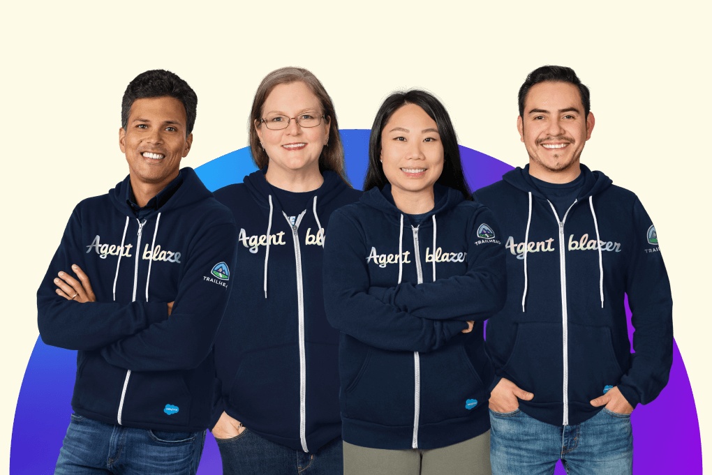 Four people wearing navy Agentblazer hoodies in a Salesforce promotional photograph