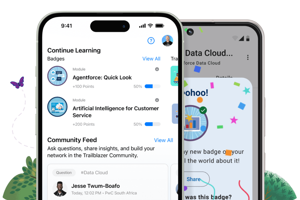 Two phones showing Trailhead mobile learning progress, community activity and a badge celebration