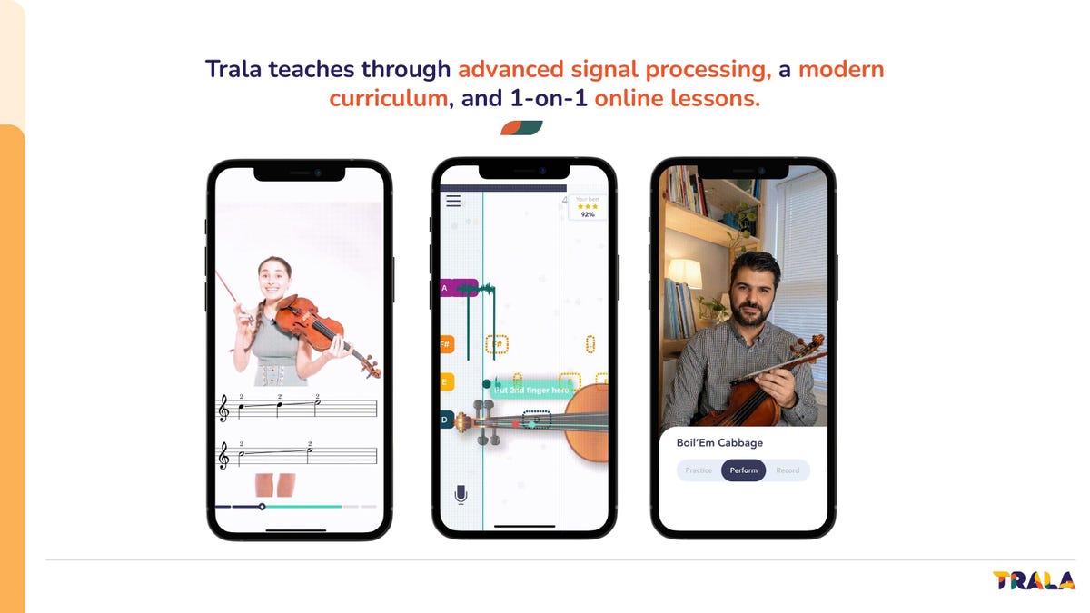Three Trala mobile app screens showing sheet music, finger guidance, and a video violin lesson