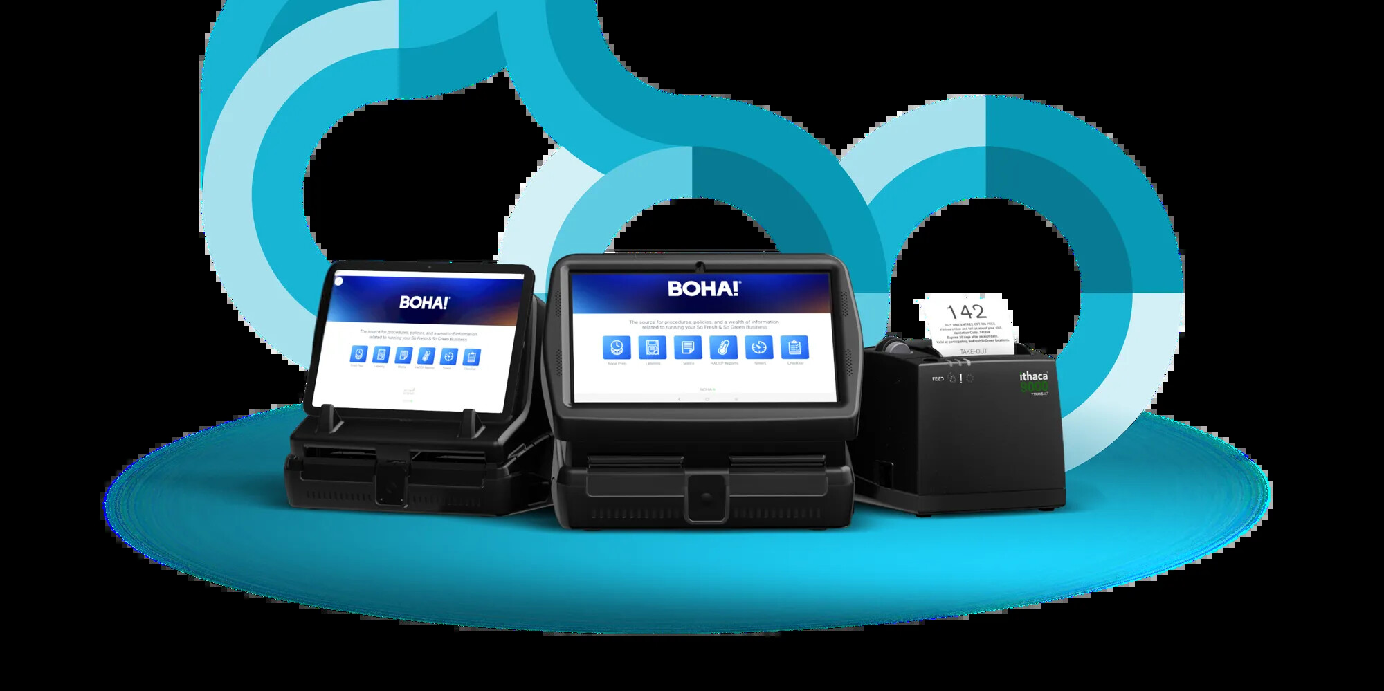 TransAct food-labeling terminals and printed labels arranged against a teal studio background