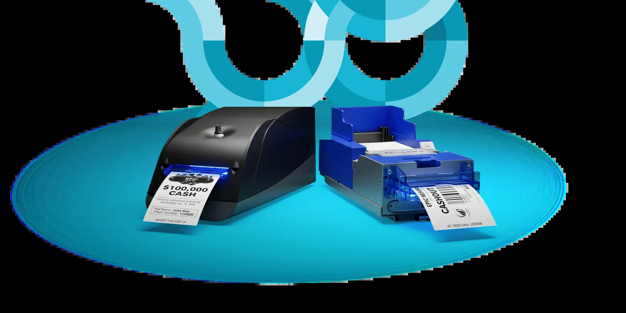TransAct Epic casino ticket printers displayed against a teal studio background