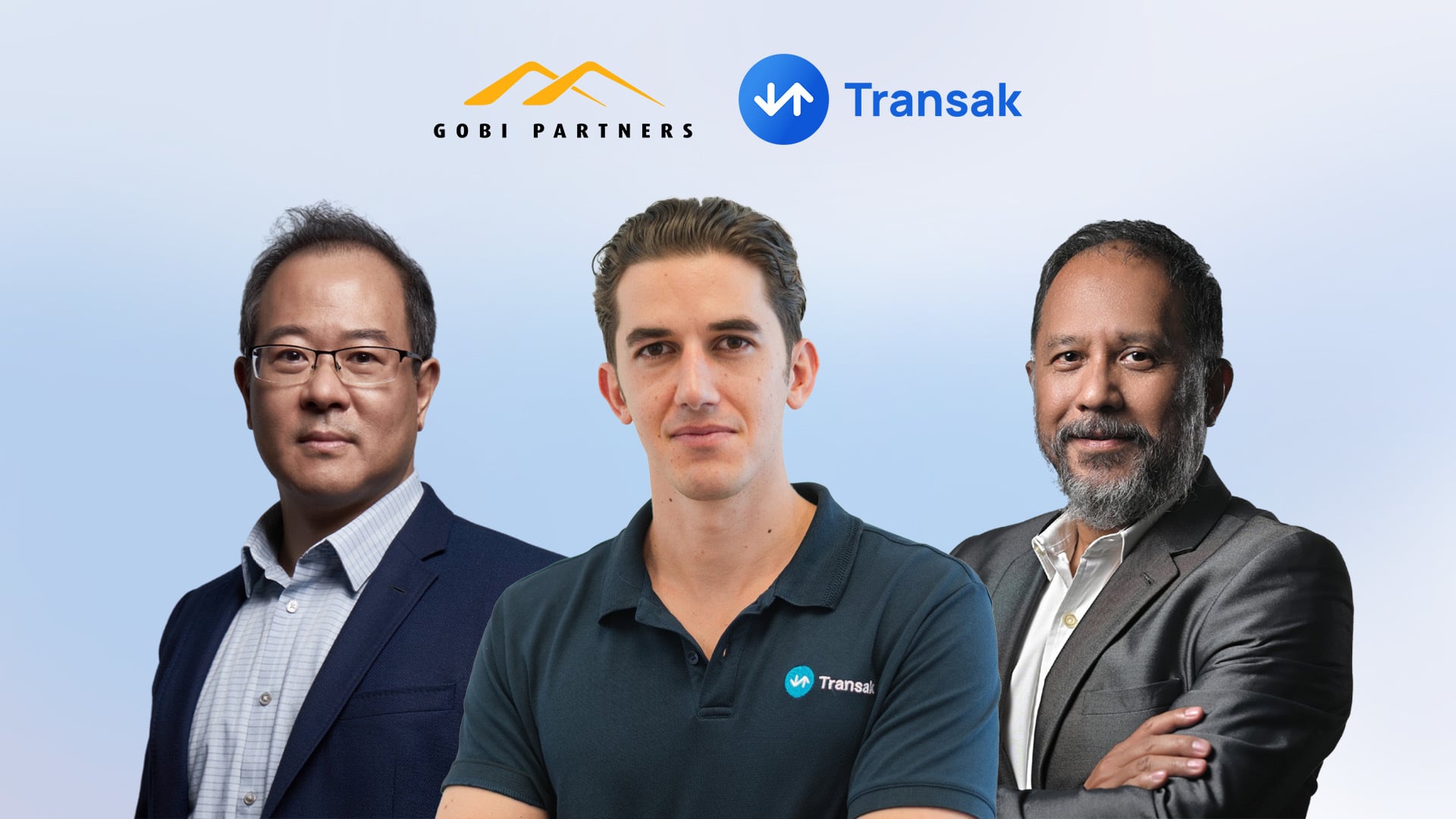 Gobi Partners investment announcement composite featuring Transak CEO Sami Start in the center