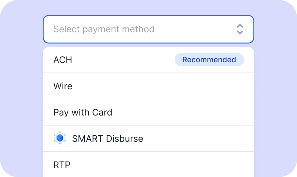 Transcard product illustration showing ACH, wire, card, SMART Disburse and RTP payment choices
