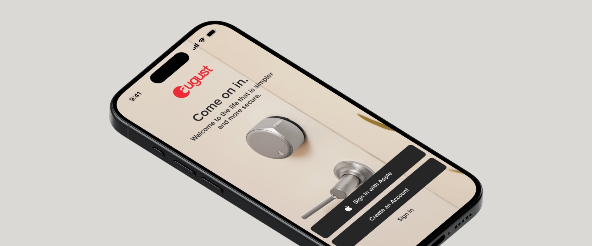 August smart-lock app shown on an angled smartphone