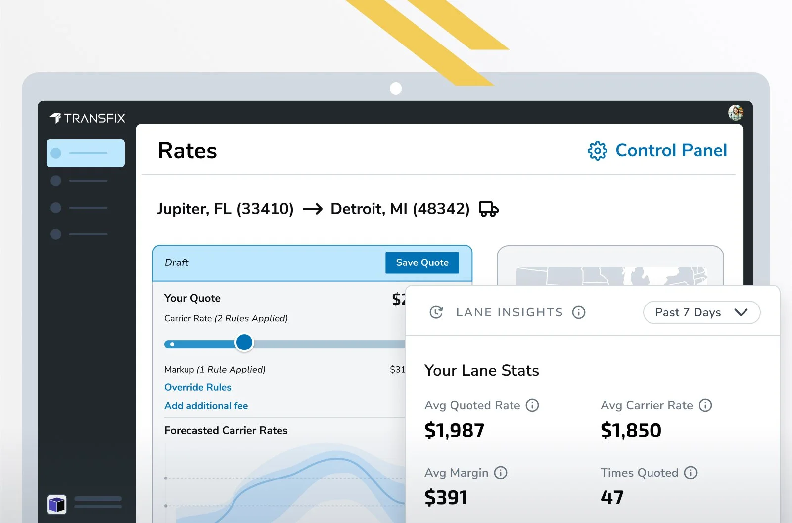 Transfix pricing interface with spot quote, contract forecast, and lane performance information