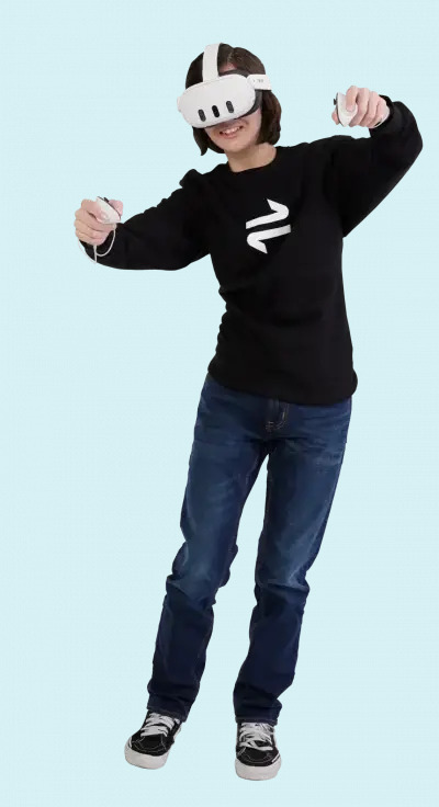 A learner wearing a Transfr virtual-reality headset