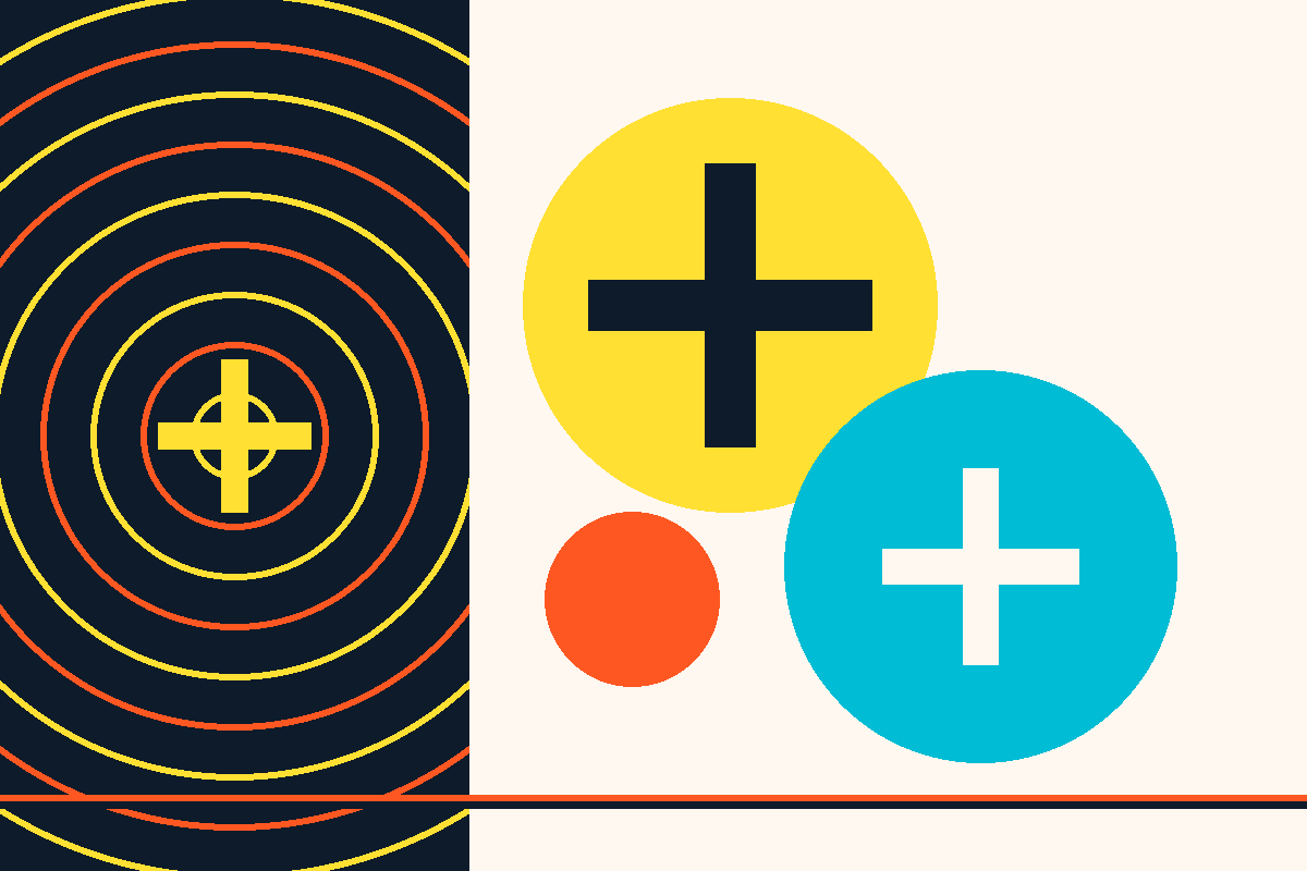 Swiss-style graphic built from Translation's plus-mark logo and concentric pulse rings