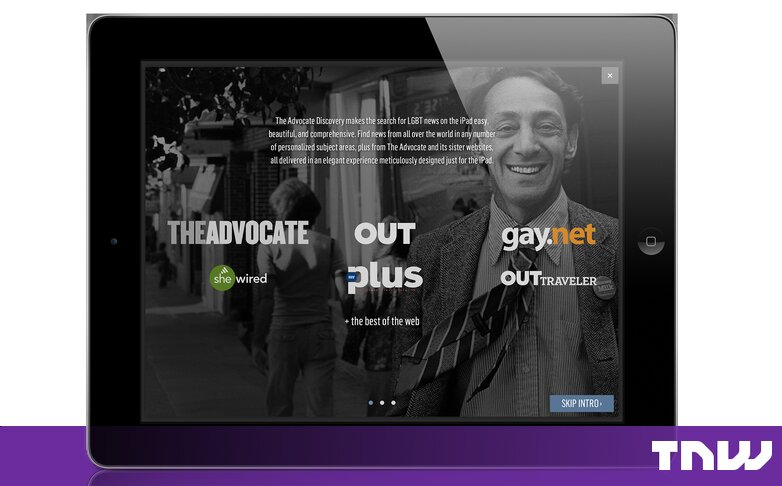 The Advocate Discovery application displayed on an iPad, showing publication brands in Trapit's Publisher Suite