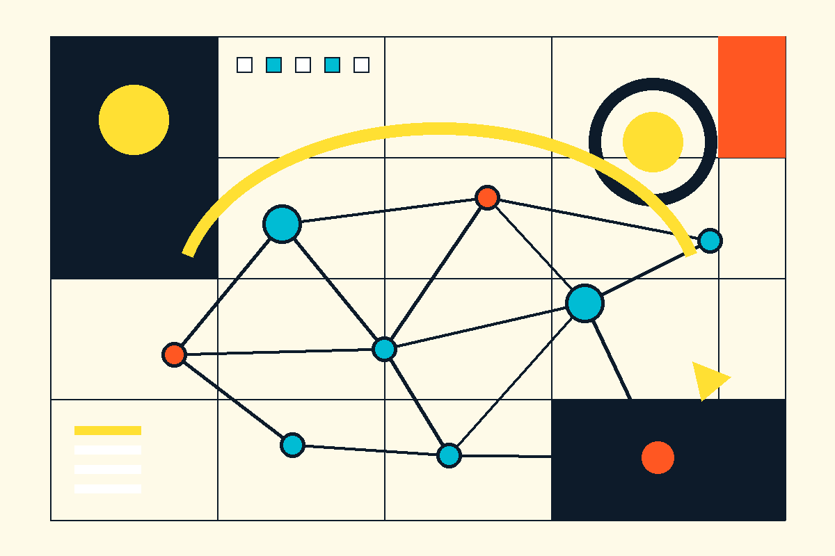 Abstract network of routes and travel nodes in a Swiss poster composition