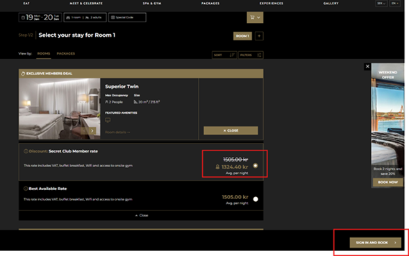 Hotel Riverton booking page showing available room offers and rates