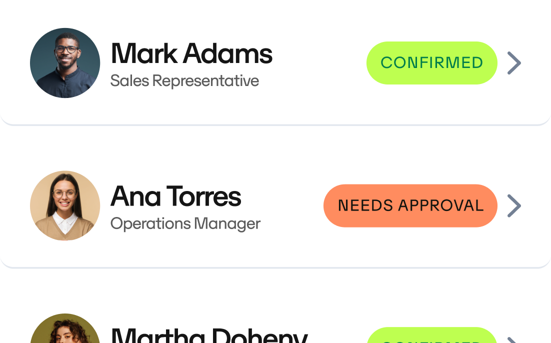 Perk interface showing confirmed and needs approval statuses for travelers