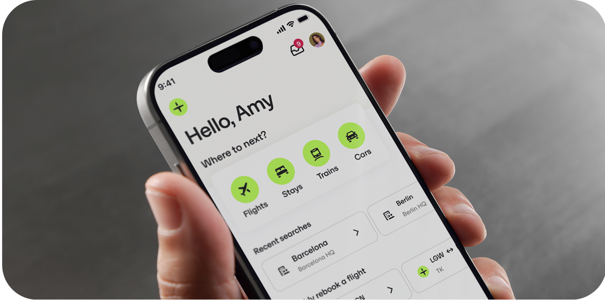 Perk mobile app shown on a phone, with flights, stays, trains and cars available to book