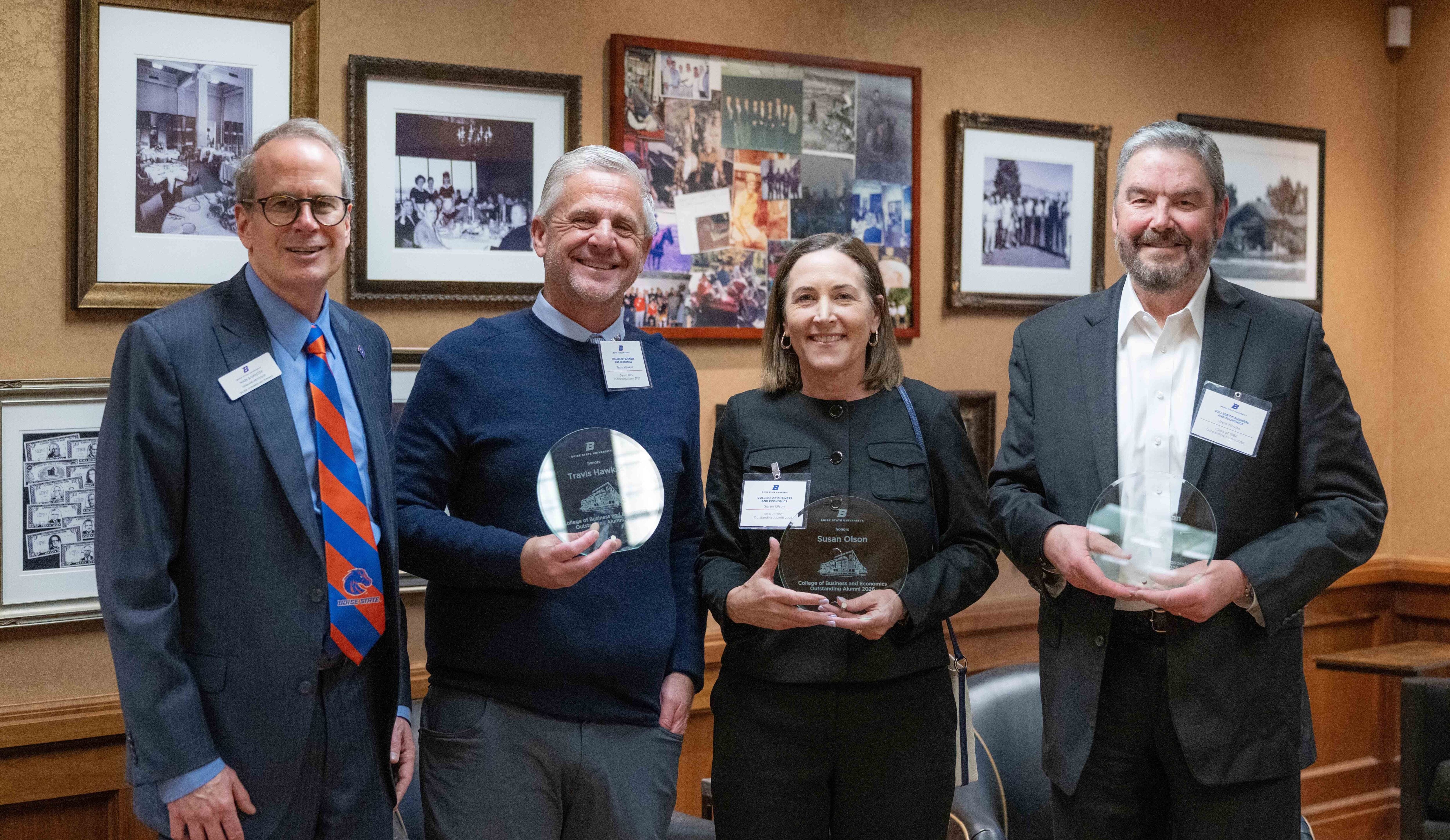 Boise State Dean Mark Bannister with 2026 outstanding alumni honorees Travis Hawkes, Susan Olson and Brent Moylan