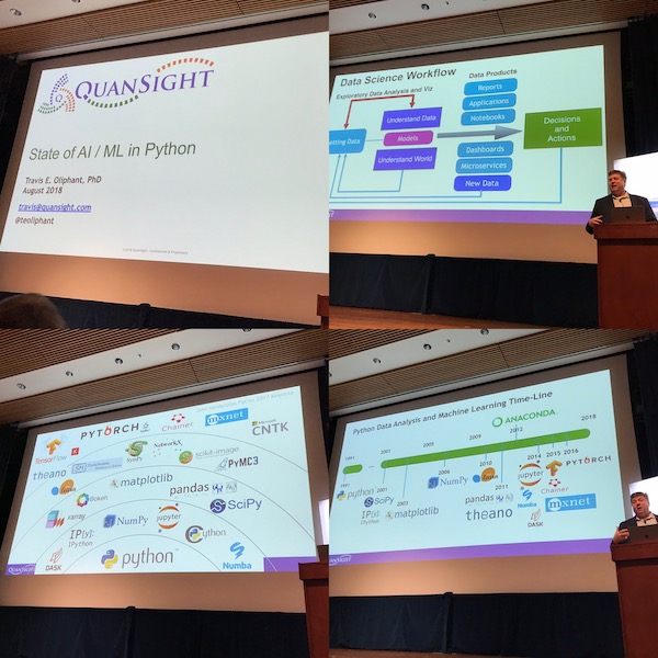Four photographs of Travis Oliphant presenting scientific Python tools and a development timeline at PyBay 2018
