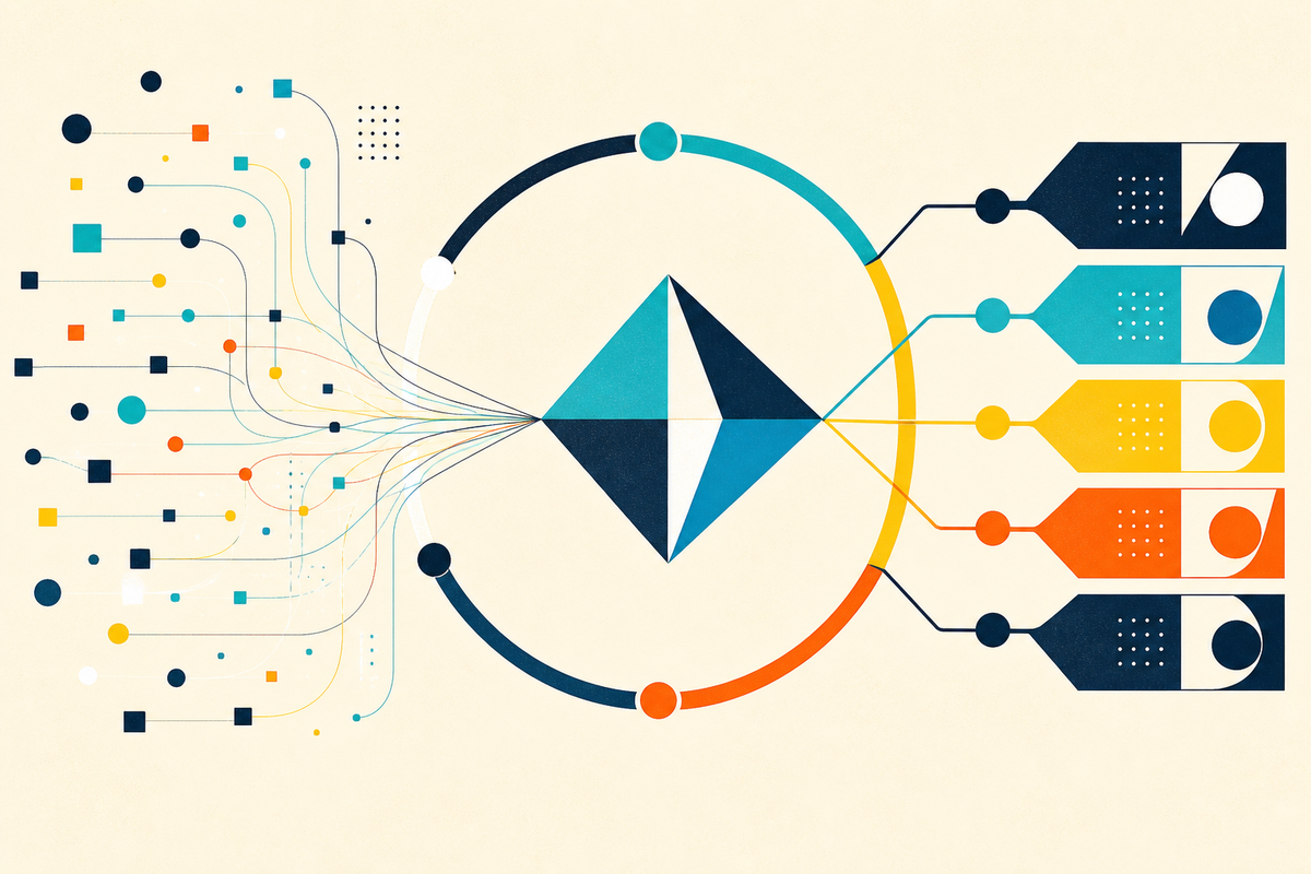 Abstract geometric illustration showing many data signals converging into a central intelligence loop and branching into five channels